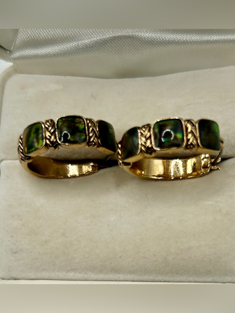 Vintage Monet Gold Chunky Hoop Green Abalone Inlay Earrings